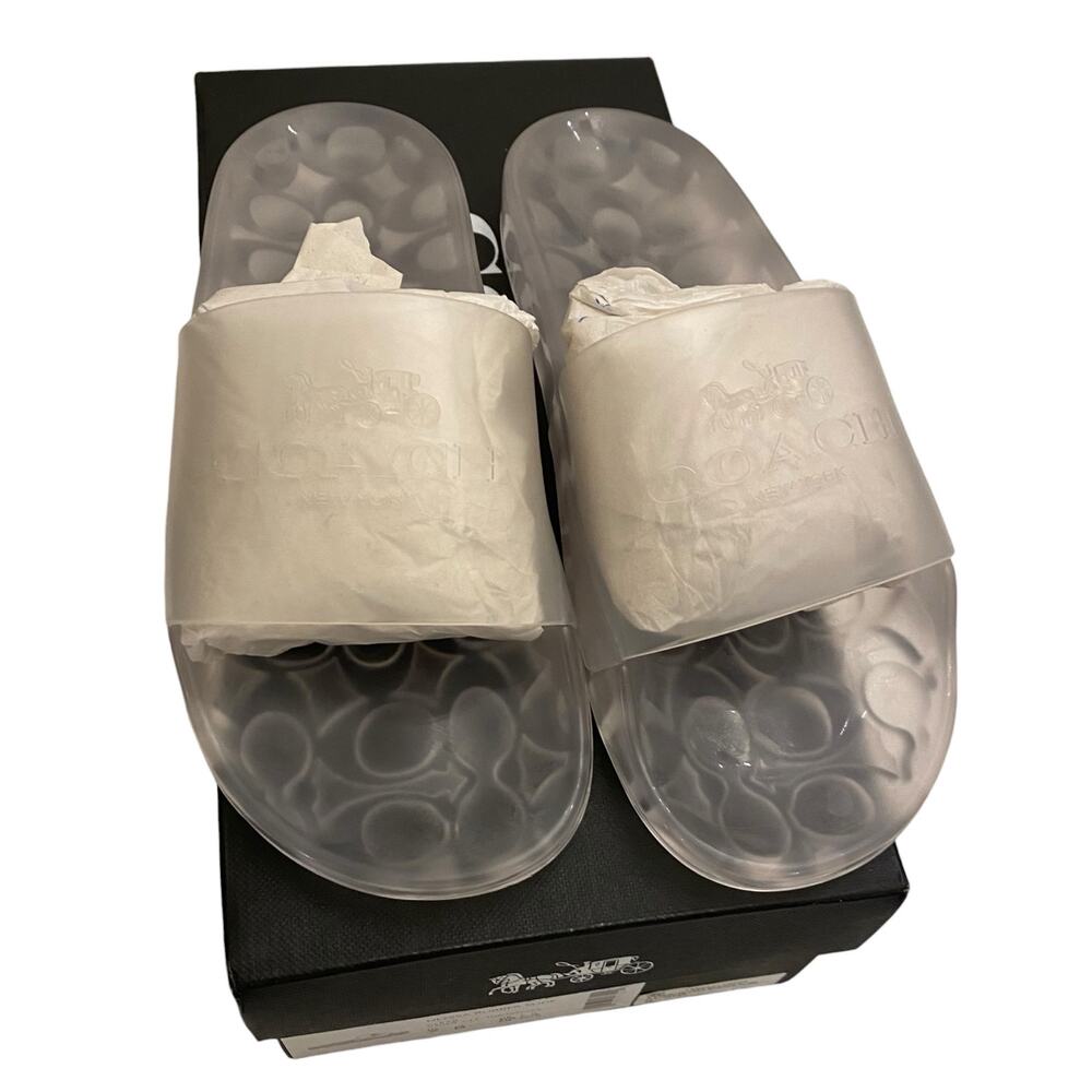 NIB Size 7B COACH Ulyssa Clear Water-Resistant Jelly Rubber Logo Slip-On Slides